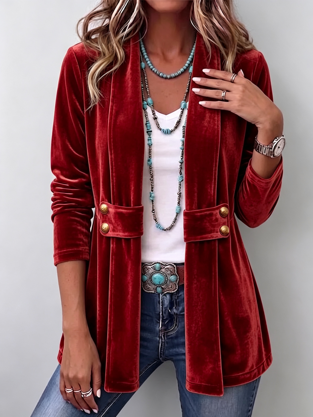 Holliwell™ | Vintage Lapel Button-Accent Long Sleeve Open Front Jacket