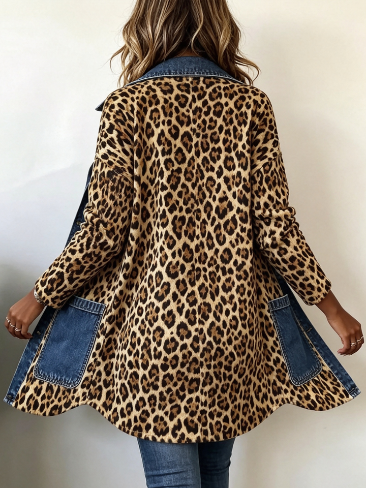 Fablenne™ | Leopard Print Denim Panel Contrast Longline Jacket