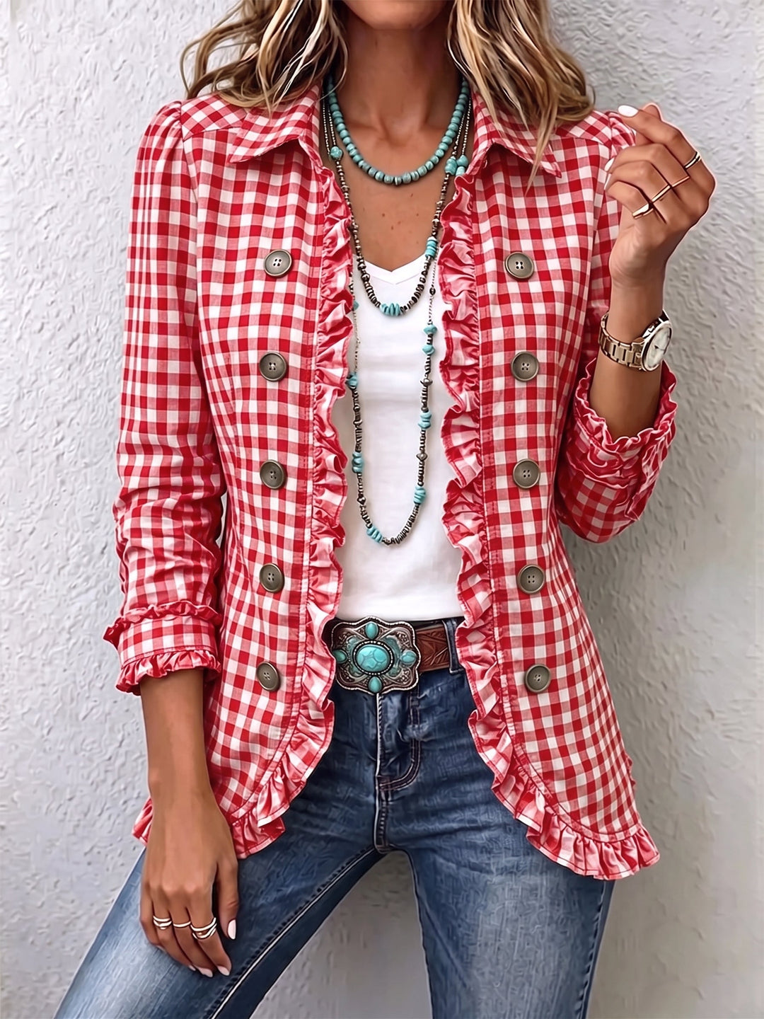 Charlene™ | Gingham Ruffled Button-Down Jacket