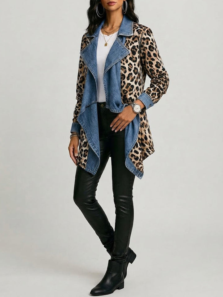 Sherilyn™ | Leopard Print & Washed Denim Paneled Mid-Length Jacket